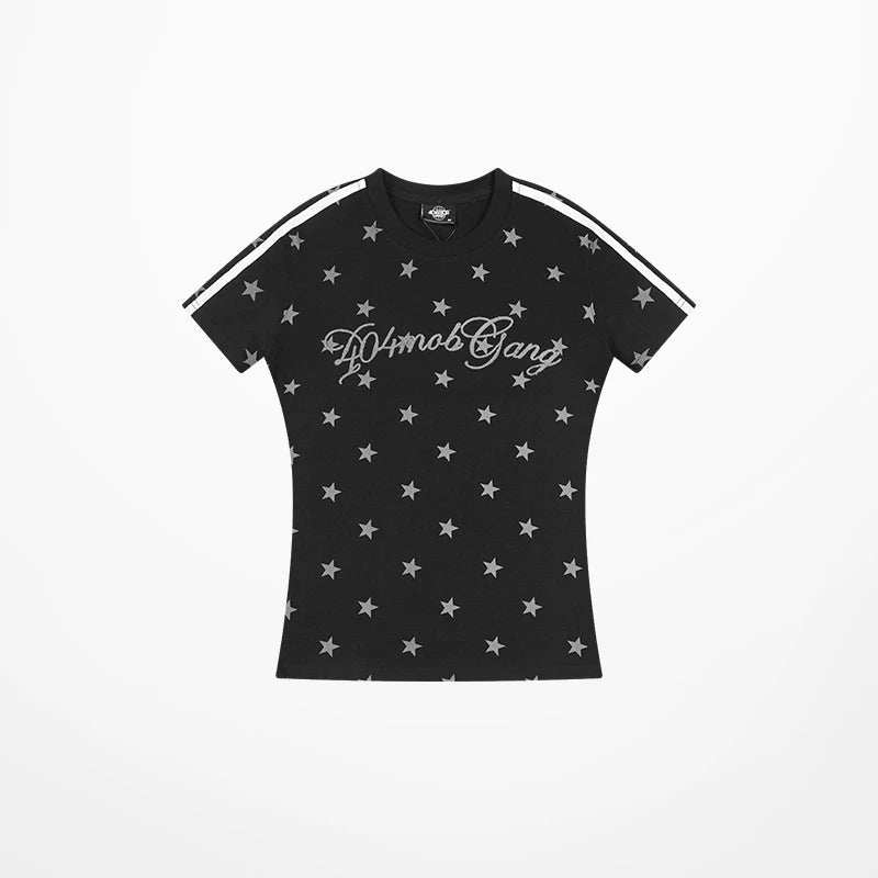 404MOB Chain Embroidery Full Print Striped Slim Tee