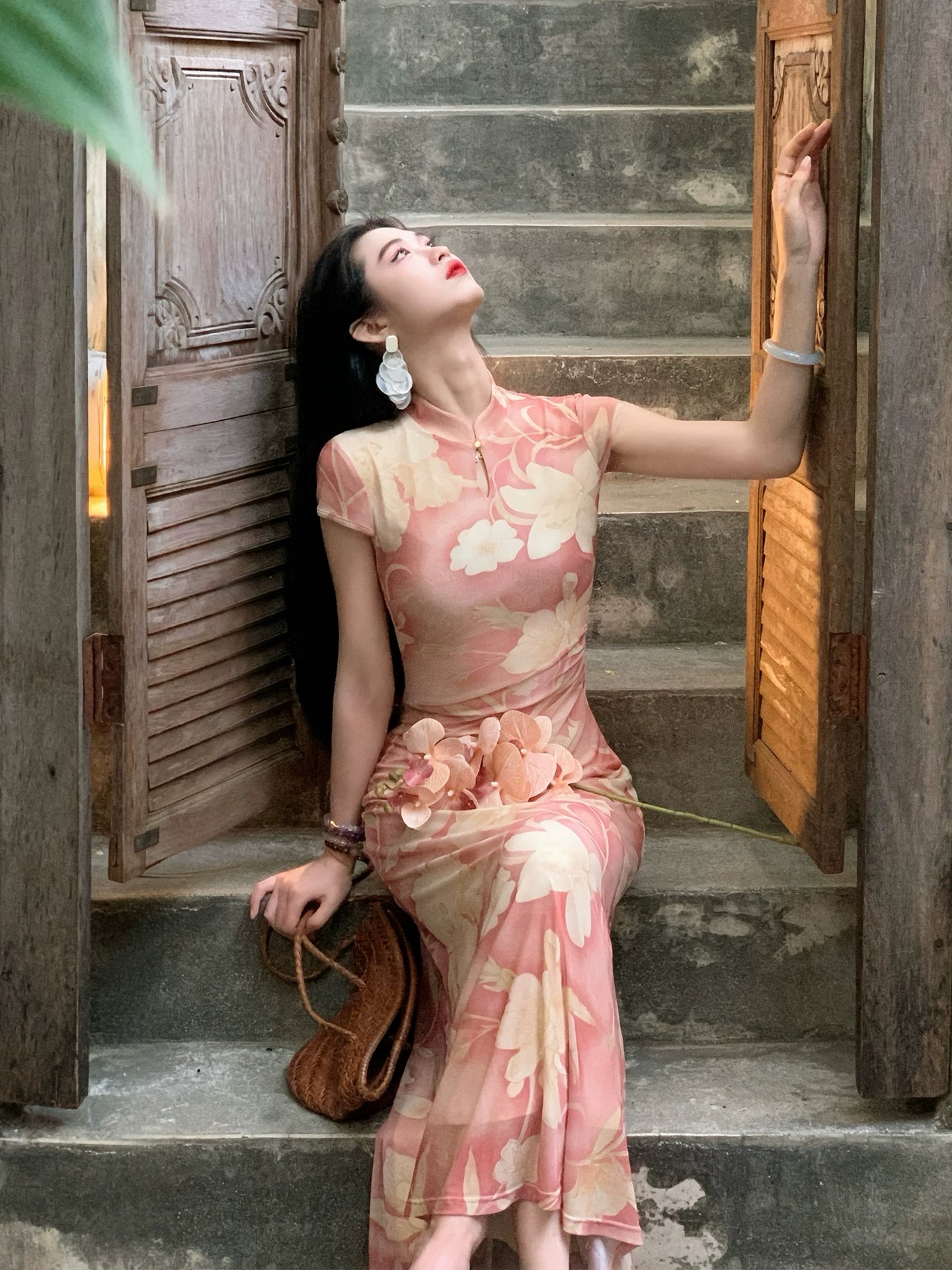ZIHE New Chinese Mesh Fishtail Cheongsam Dress