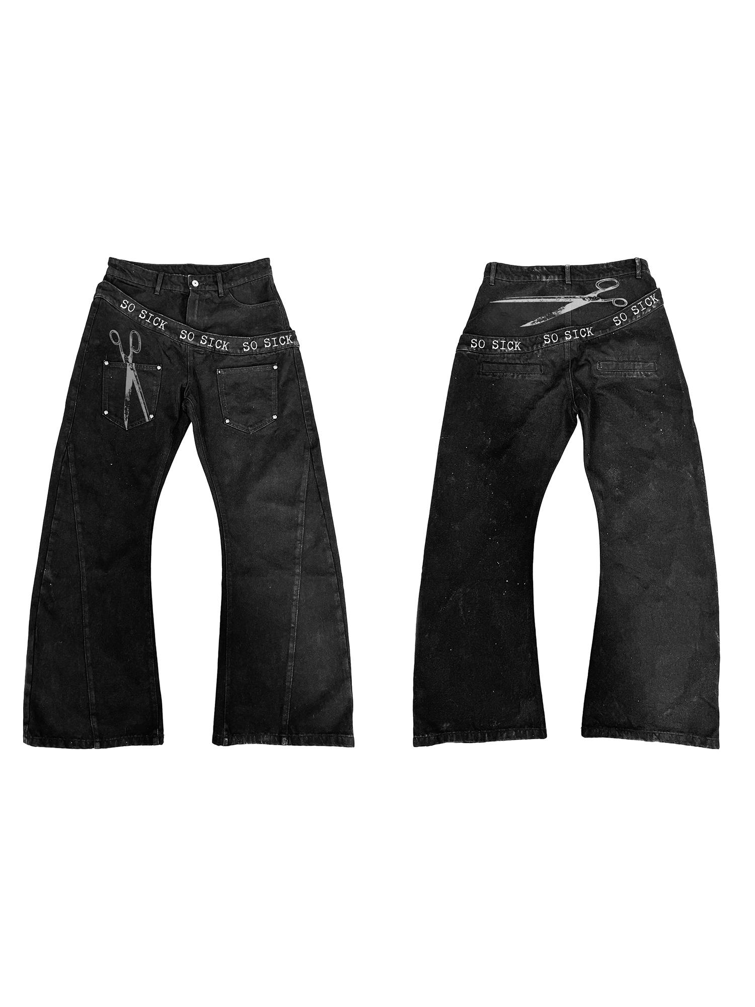SoSick25ss "Cut" original tagline Alphabet profile splicing scimitar Premium black jeans