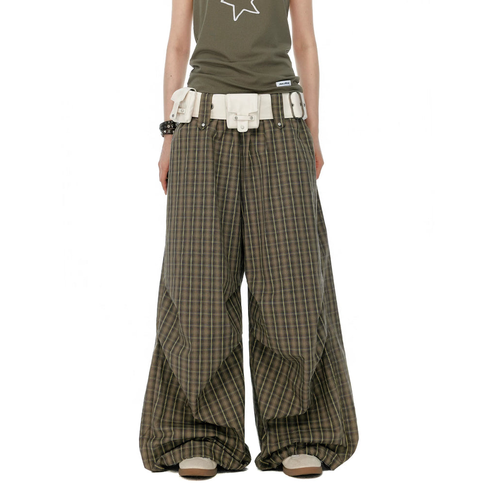 JIKOO Plaid Elastic Waist Drawstring Pleated Trousers