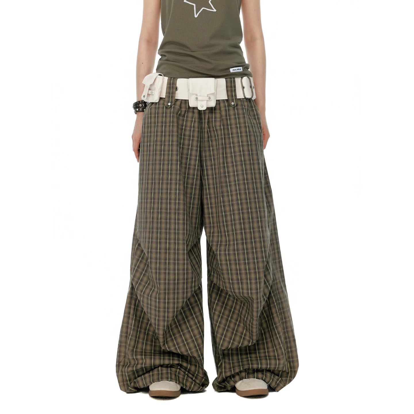 JIKOO Plaid Elastic Waist Drawstring Pleated Trousers