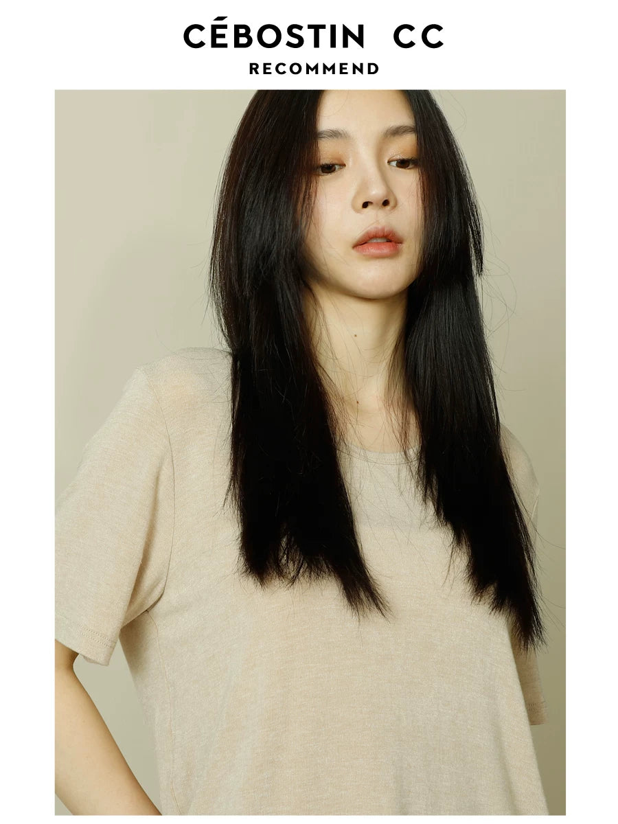 Cebostin Lazy Wind Round Neck Loose Casual Versatile Tee