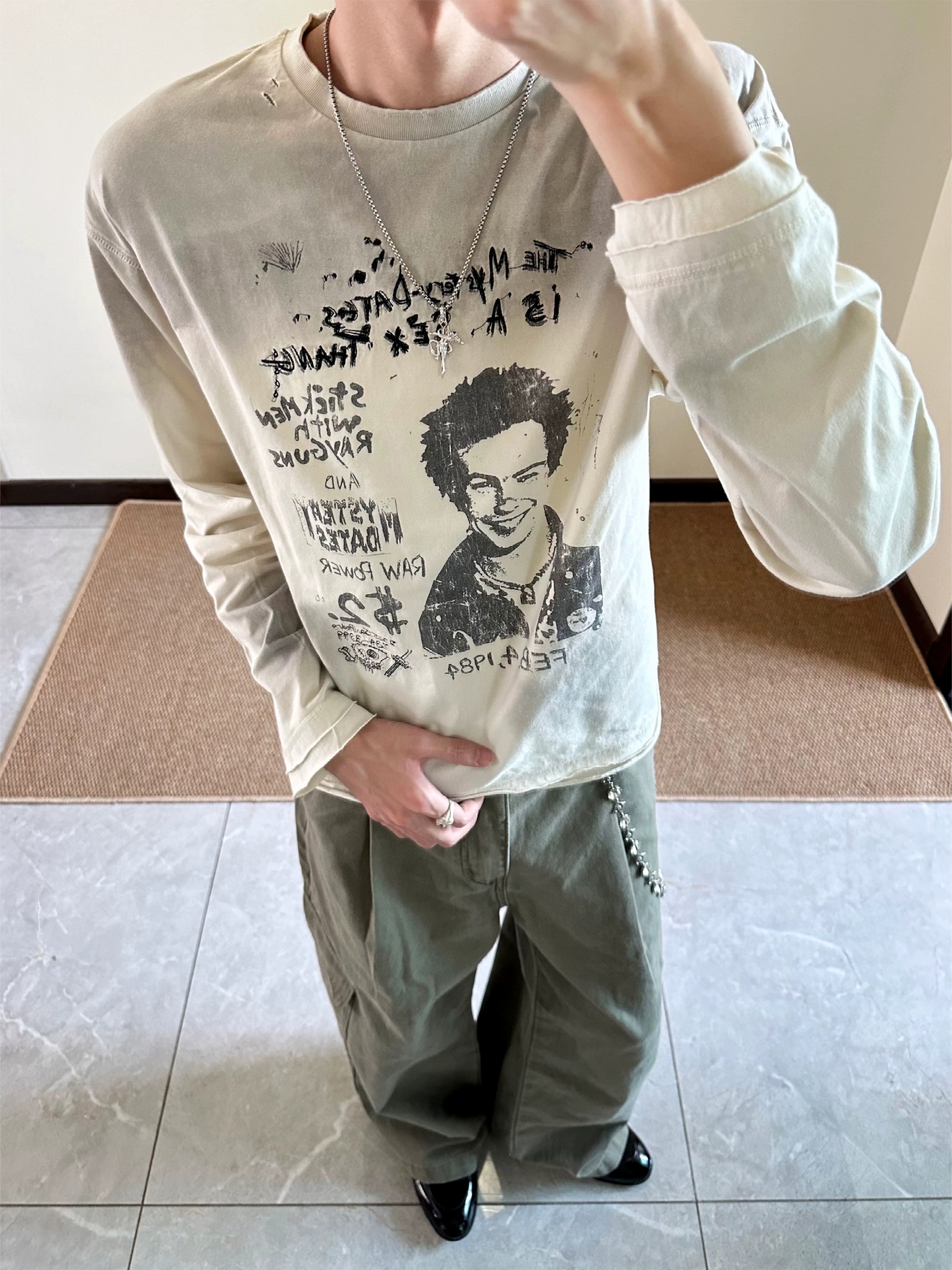 Erole Dirty Dye Old Damage Embroidery Print Long Sleeve