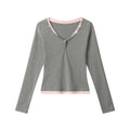 Nariele Big V-Neck Contrast Color Slim Skinny Long Sleeves