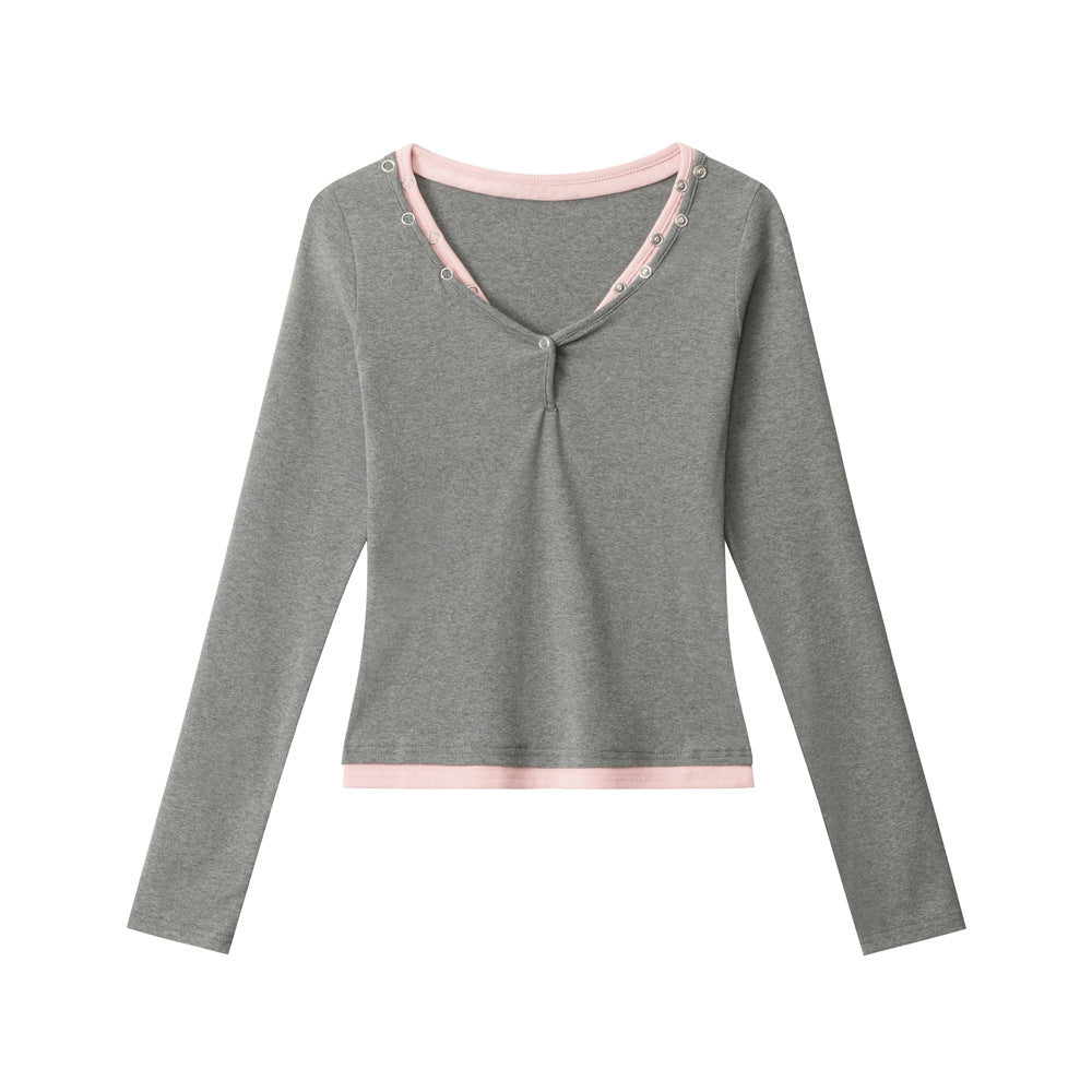 Nariele Big V-Neck Contrast Color Slim Skinny Long Sleeves