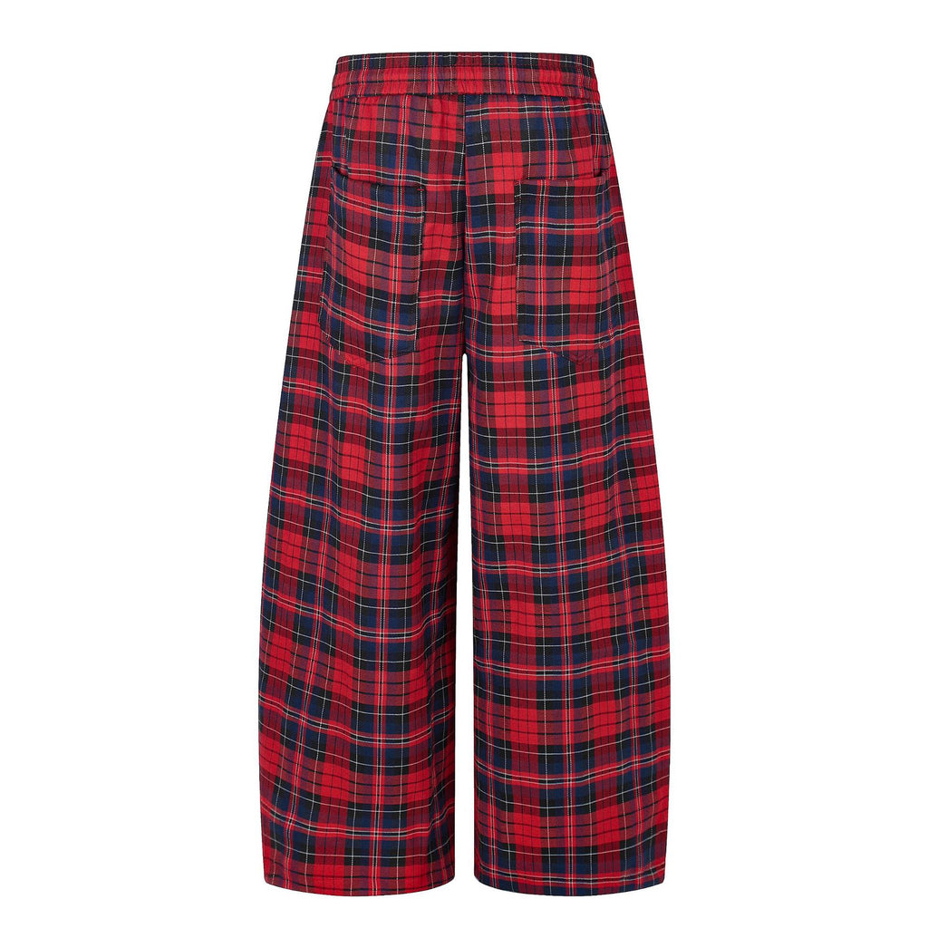 11KN Retro Plaid Drawstring Casual Wide-leg Pants