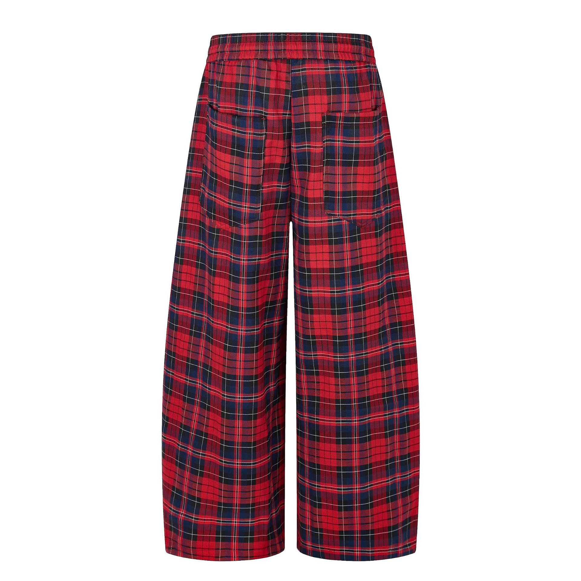 11KN Retro Plaid Drawstring Casual Wide-leg Pants
