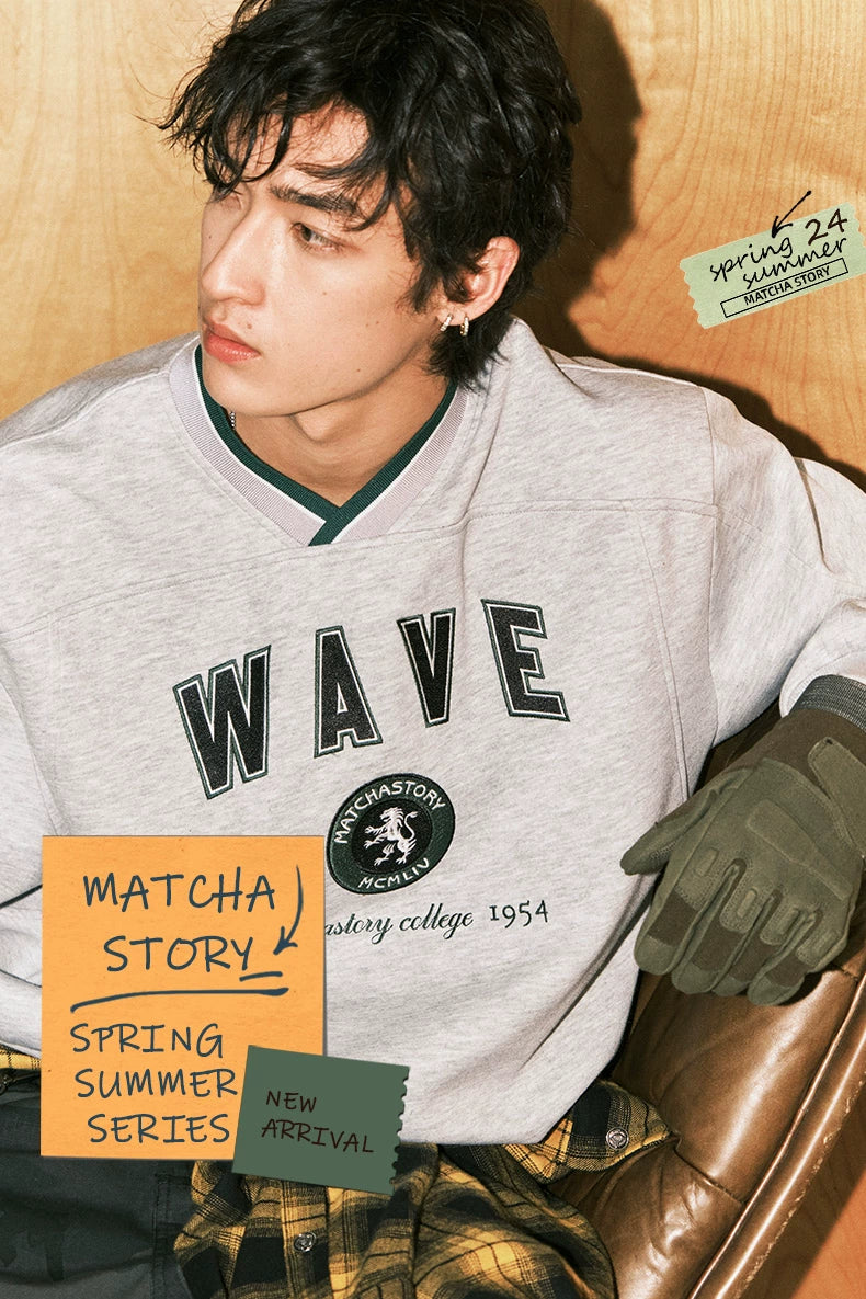 MATCHA STORYV Neck Print Loose-fitting Sport Sweater
