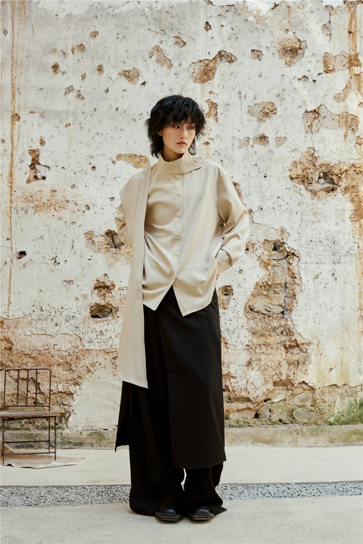 SUNYVONNE Cross-neck Scarf Long-sleeved Shirt