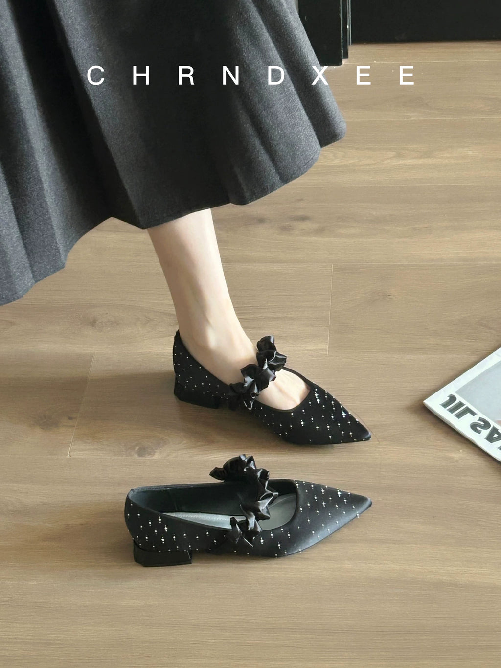 CHRNDXEE Bow One-button Versatile Pointed Shallow Mouth Single Shoes