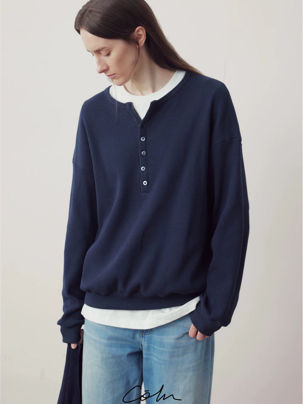 COLN Waffle-breasted Henry-neck Sweater
