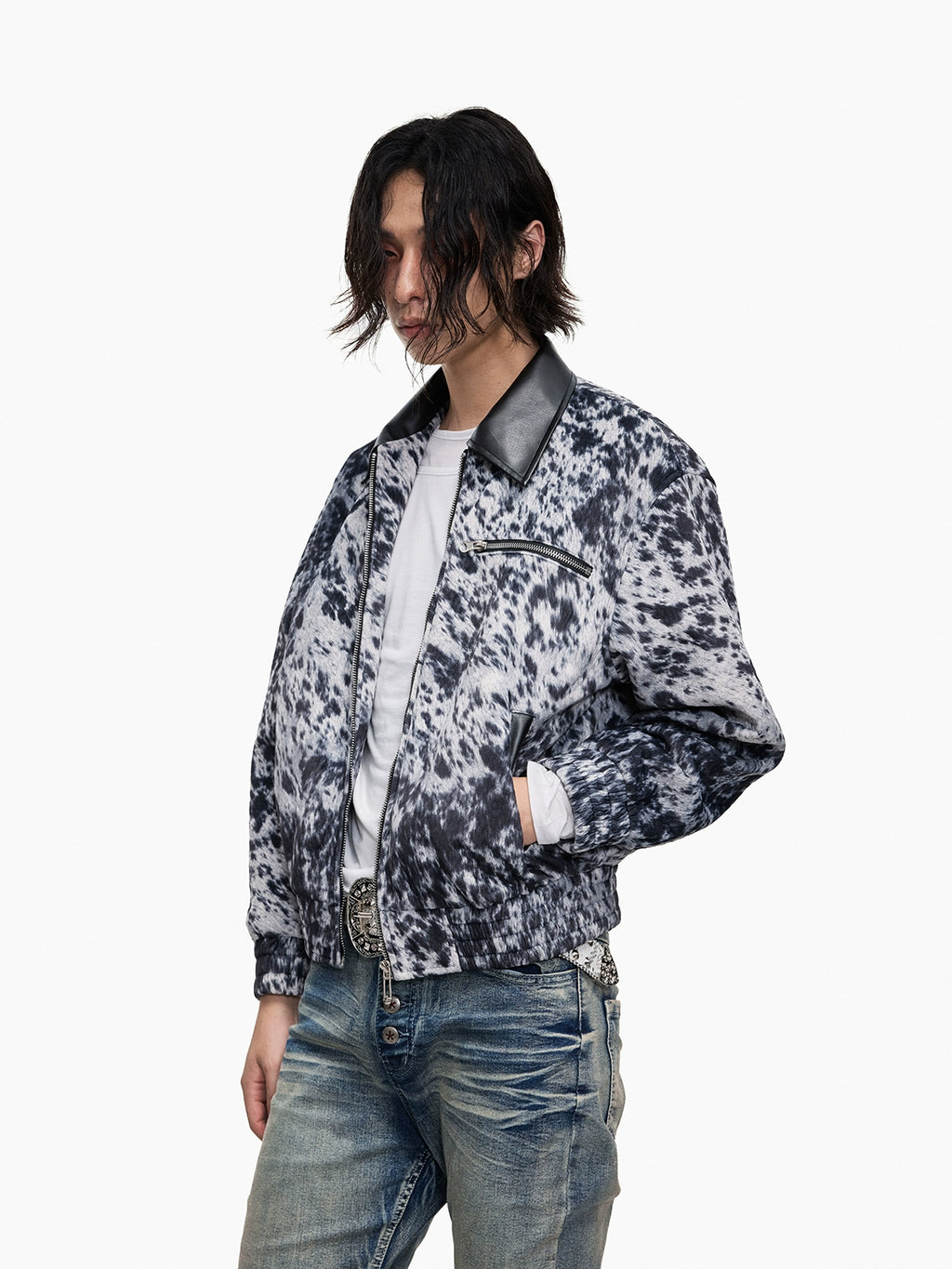 Lightinus Leopard Short Spliced Leather Lapel Jacket
