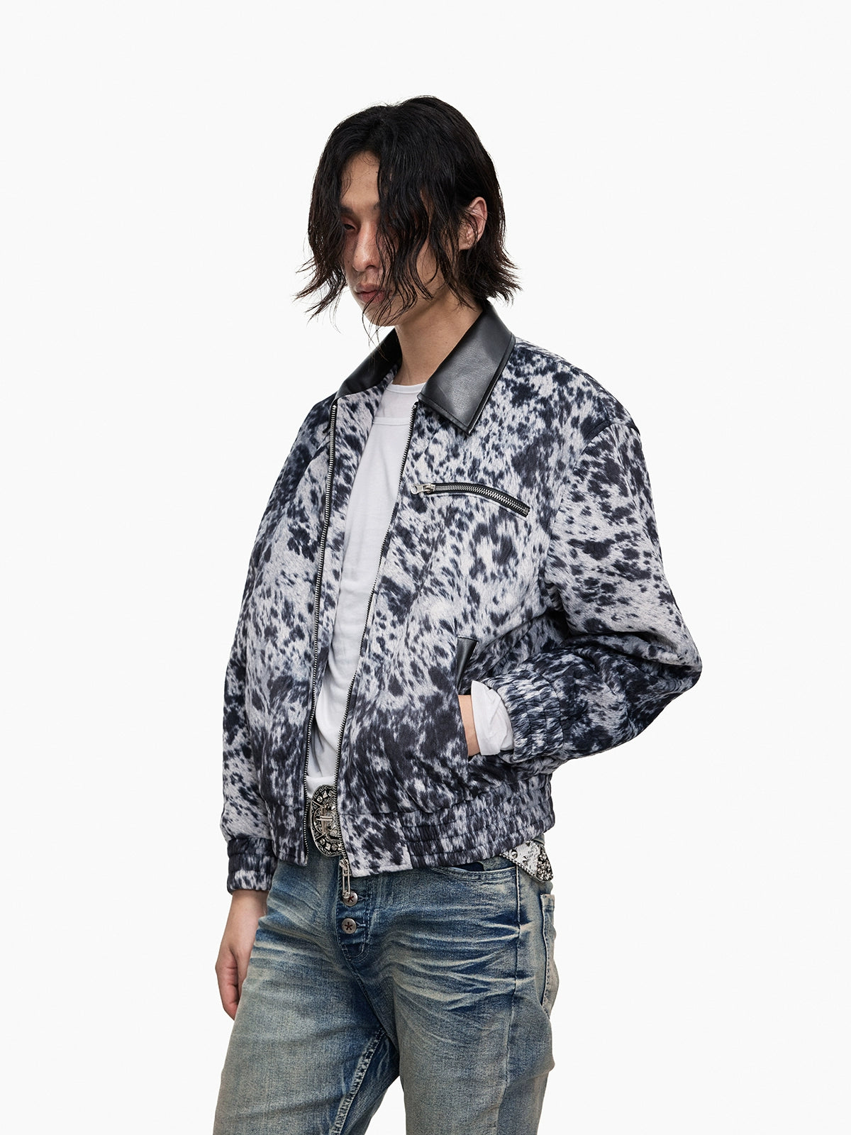 Lightinus Leopard Short Spliced Leather Lapel Jacket