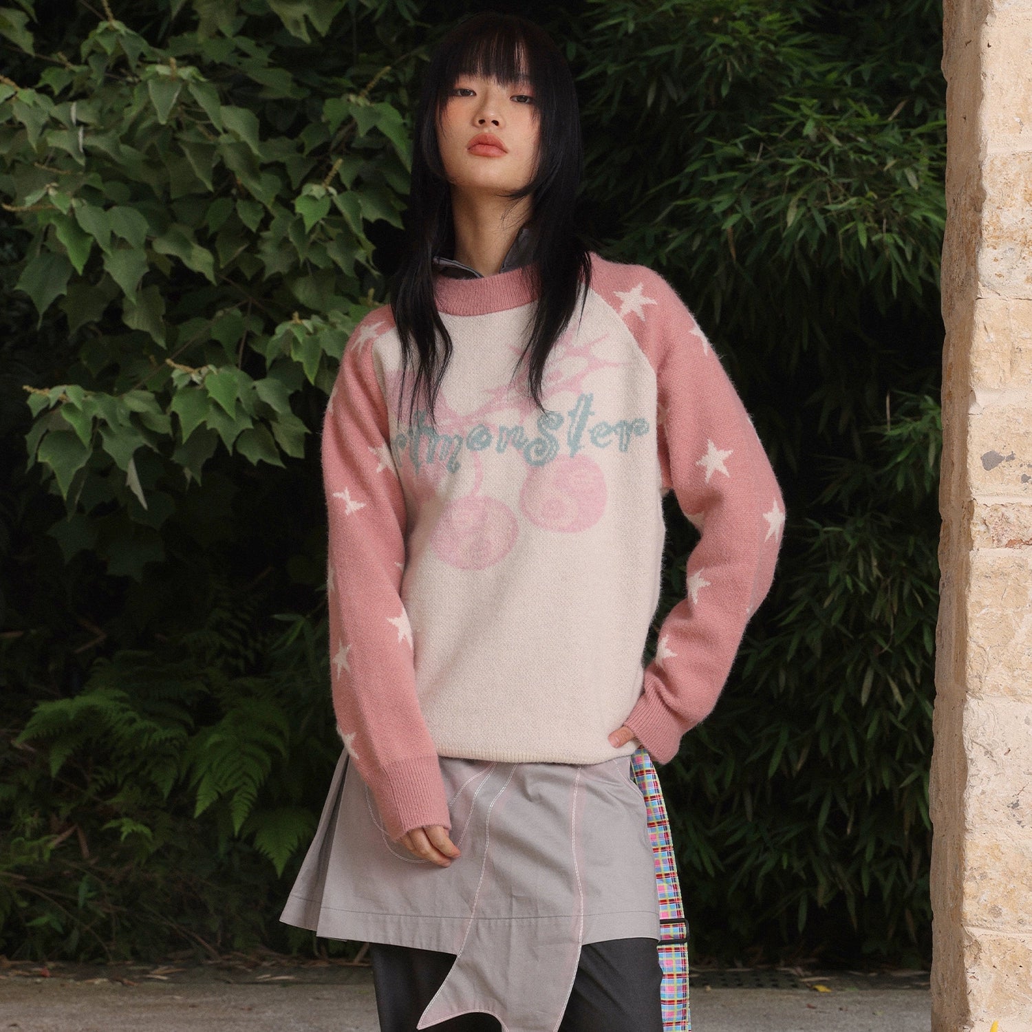 EeeeArtmonster Cherry Print Color Matching Heavy Crew Neck Sweater