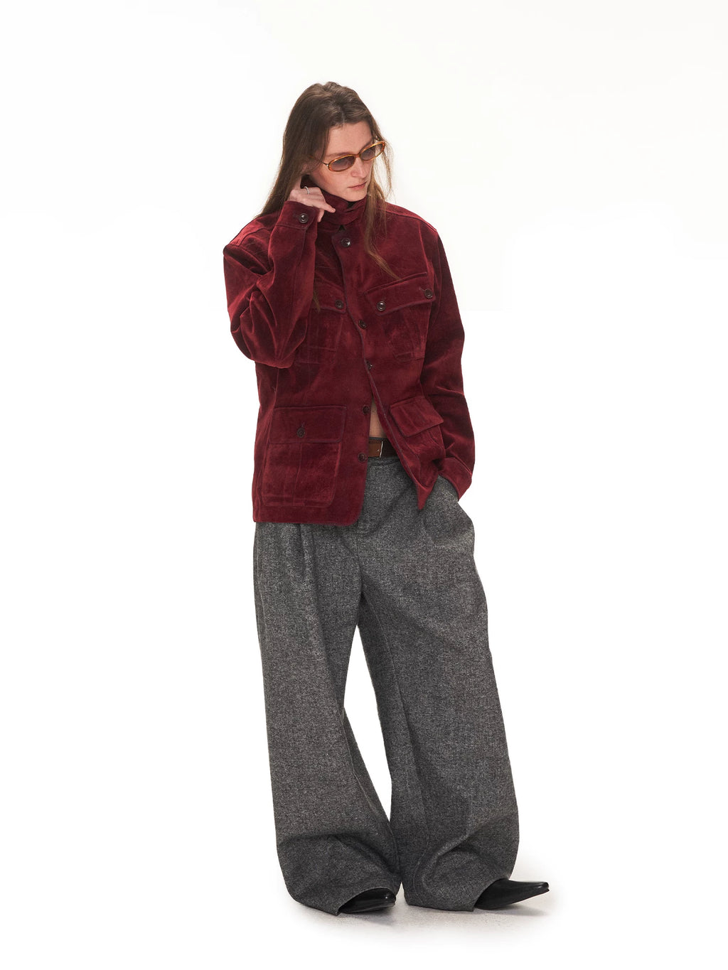 ANTERIOR LOVED Fleece Multi-pocket Denim Slim-fit Stand-up Jacket