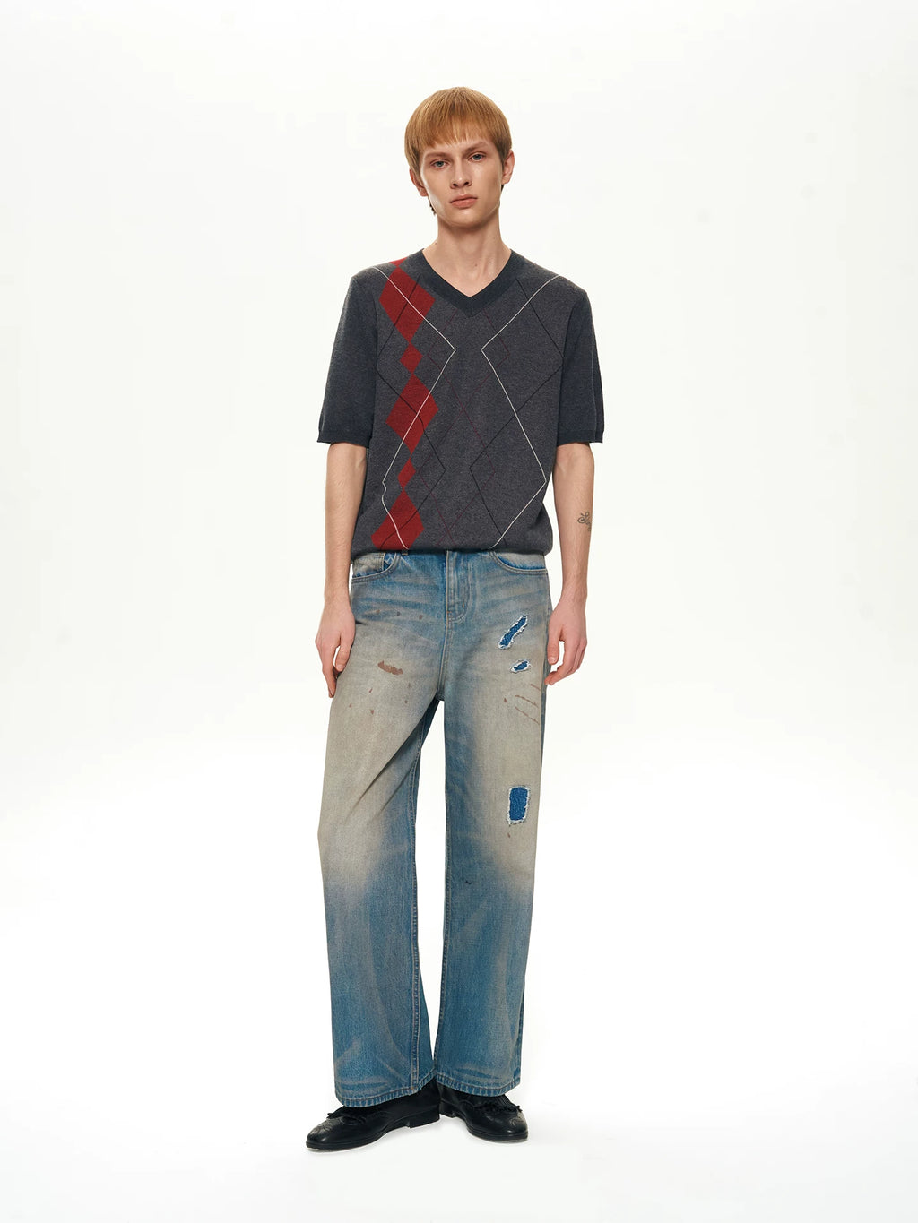 Slight Vogue Contrast Rhombus Splicing V-Neck Wool Tee