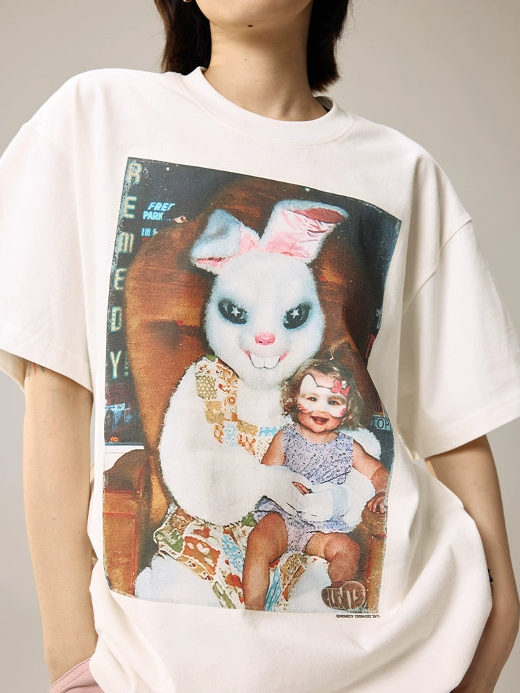 Remedy Tide Brand Rabbit Print Crew Neck Loose Short Tee