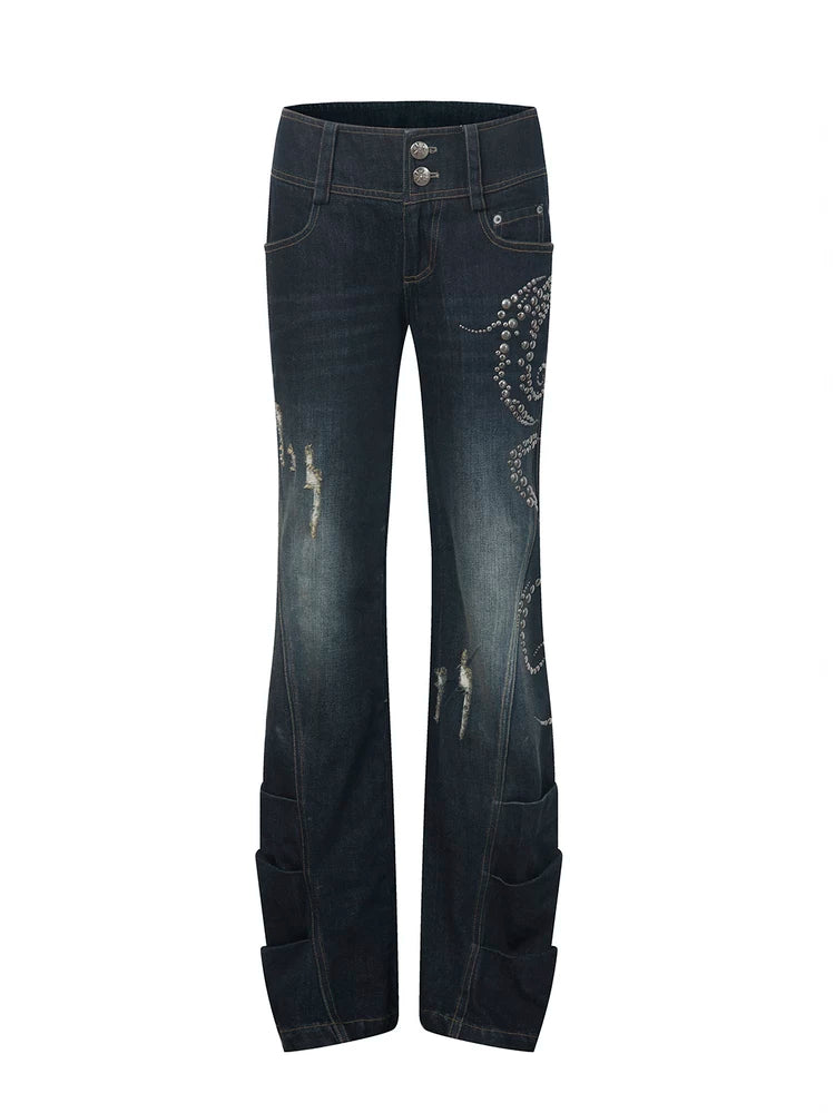 DoublePunch Micro-pull Hot Drill Frayed Stacked Silhouette Jeans