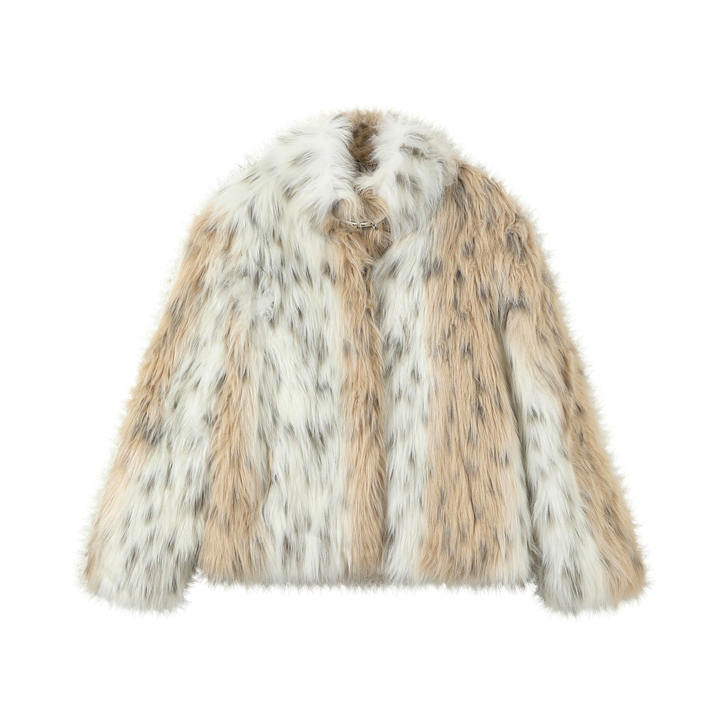 SASSY MOODY Color Matching Leopard Print Warm Thickened Environmentally Friendly Fur Jacket
