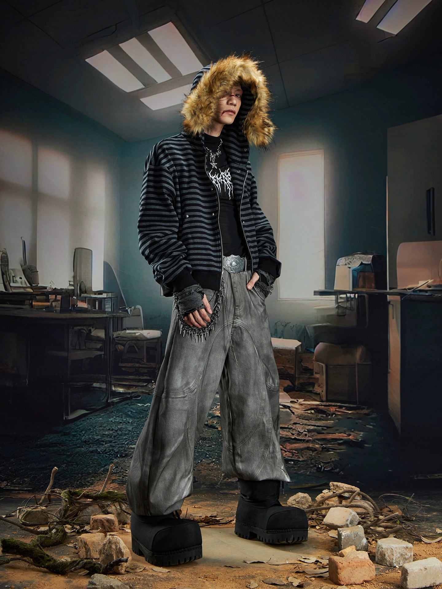 NOMANIAI Hairy Stitching Striped Zipper Hooded Sweater Jacket