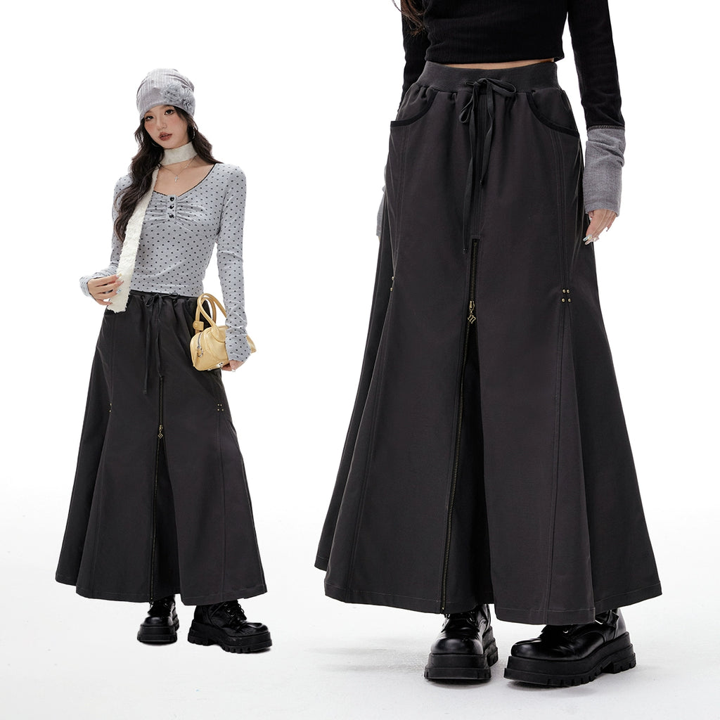 IMONE Adjustable Zipper Elastic Waist Tooling Skirt