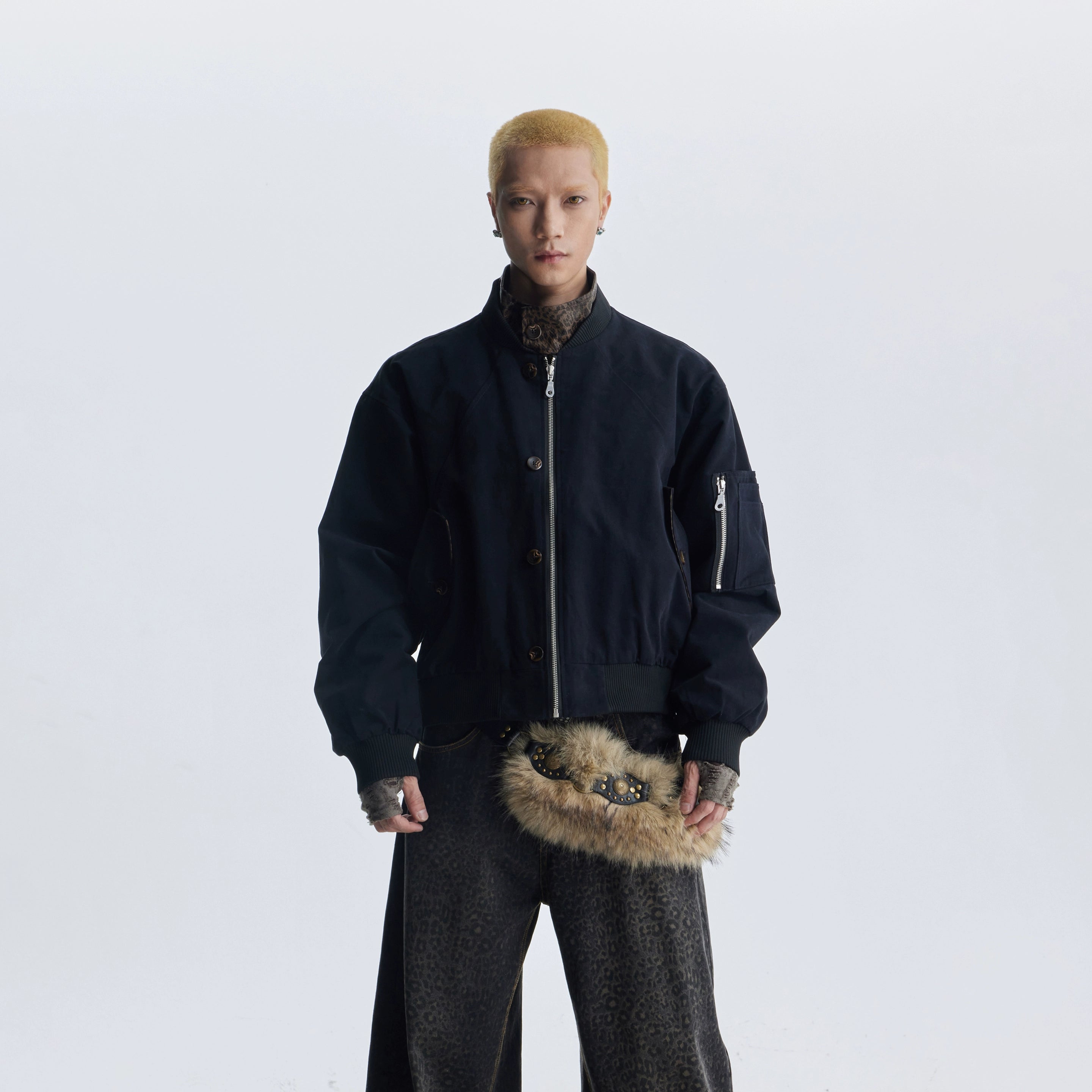 NOMANIAI Leopard Print Leather Fake Two-piece Zipper Baseball Collar Zipper Jacket