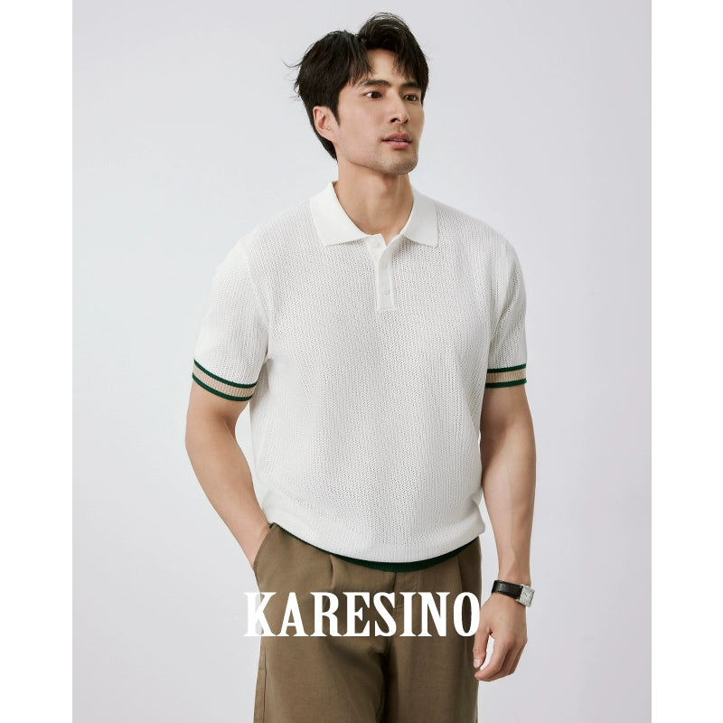 KARESINO Breathable Hollow Mesh Contrast Knitted Polo Shirt