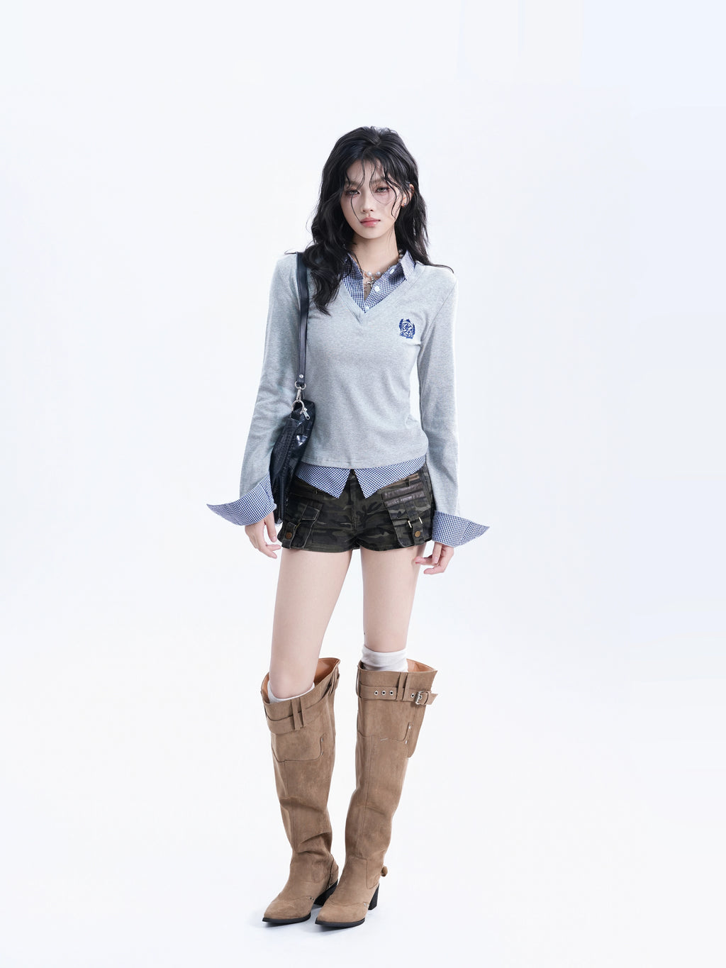 BF. BORFEND Korean College Style Checkered Fake Two-piece Splicing Long Sleeve
