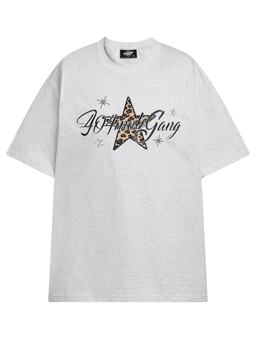 404MOB Leopard Print Star Hot Diamond Embroidery Tee
