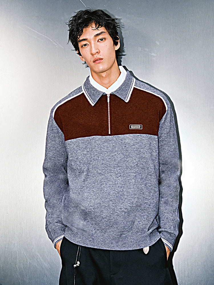 MATCHA STORY Contrast Polo Neck Loose Knitted Sweater