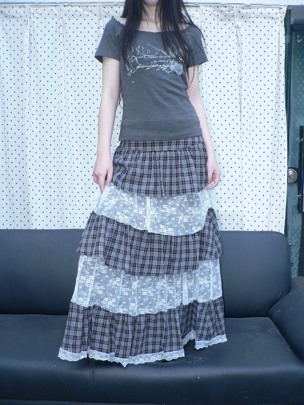 Ang:project Plaid Paneled Floral Mesh Maxi Skirt