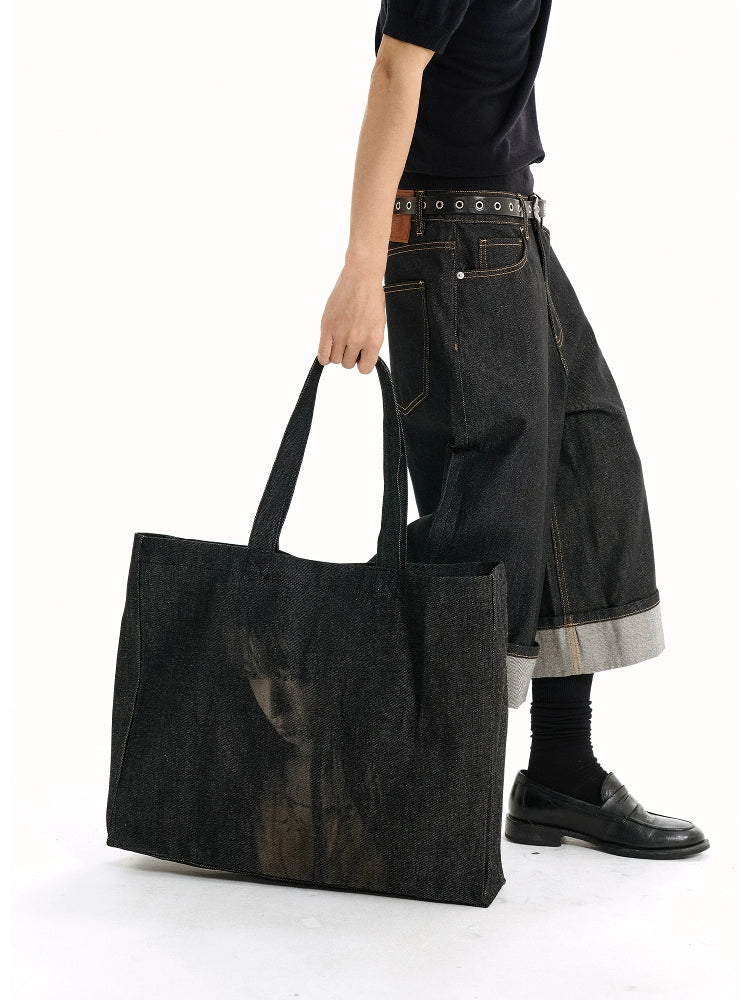 WANNA LAB Portrait Laser Burned Denim Tote Bag Large Capacity
