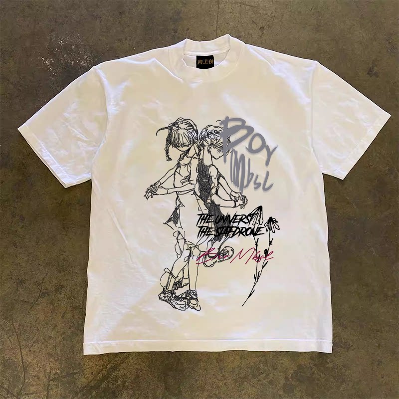 UPUPXIA Animation Character Line Draft Printing Casual Tee