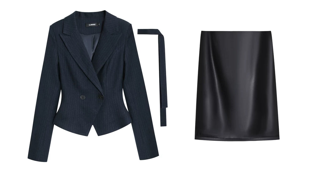 LLROGE Waist Blazer Half-body Leather Skirt Set