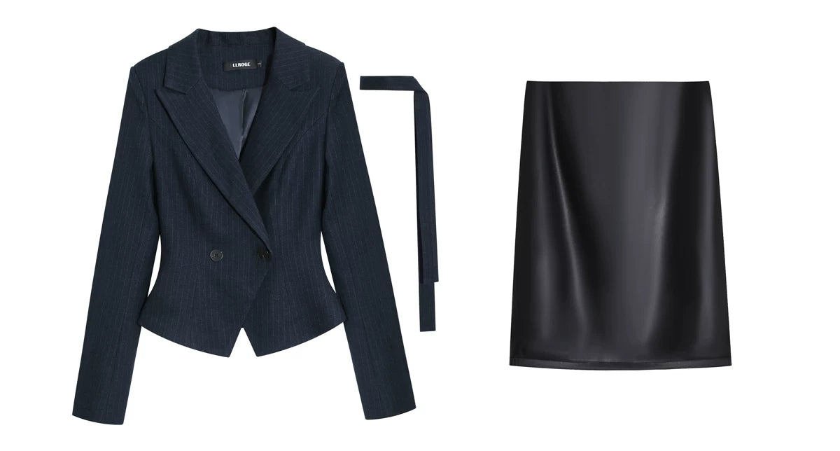 LLROGE Waist Blazer Half-body Leather Skirt Set