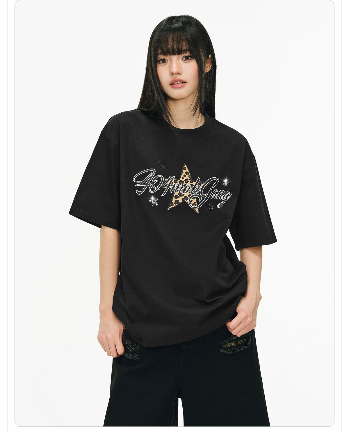 404MOB Leopard Print Star Hot Diamond Embroidery Tee