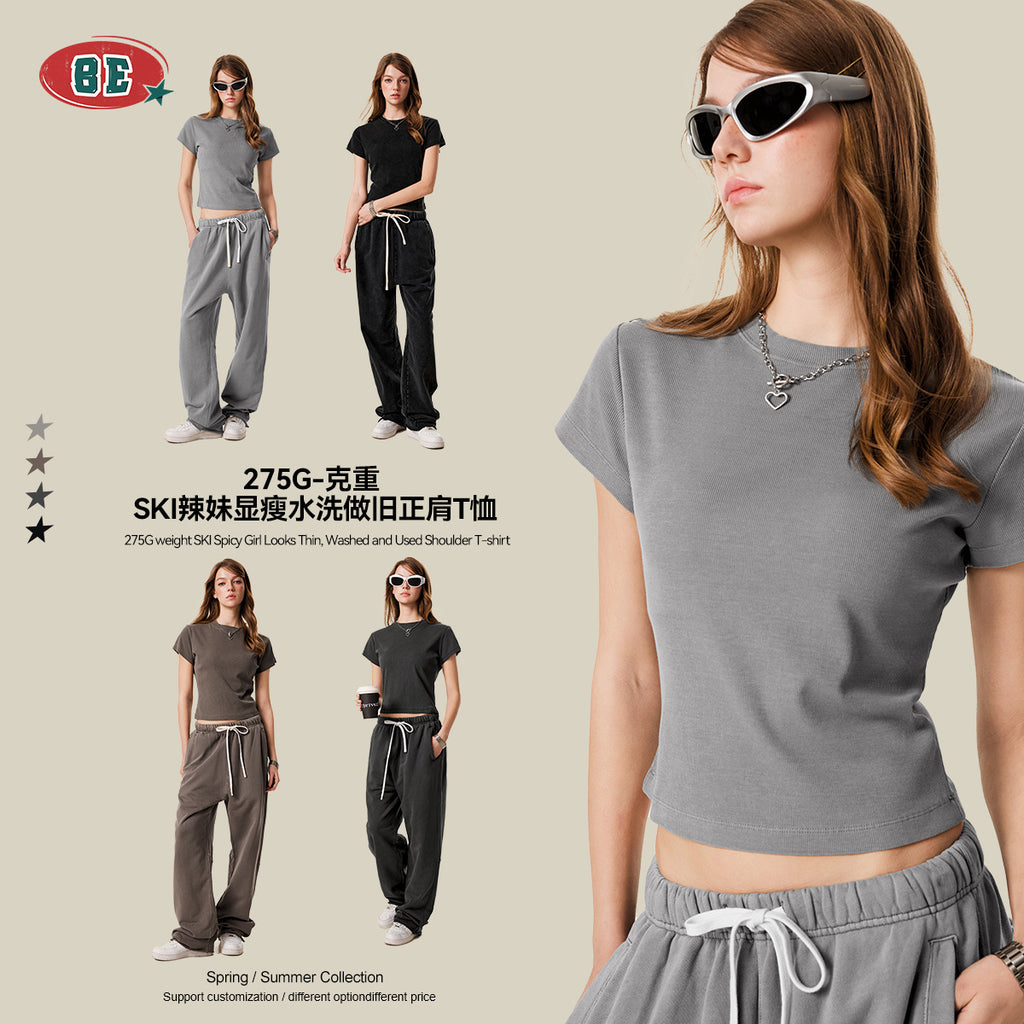 BE WOMEN'S Slim Fit Round Neck Bottoming Right Shoulder Tee