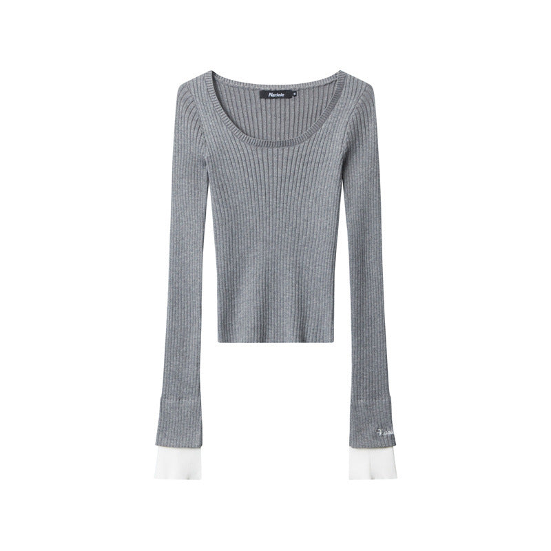 Nariele Striped Knitted Bottom Shirt Slim-Fit Long Sleeves