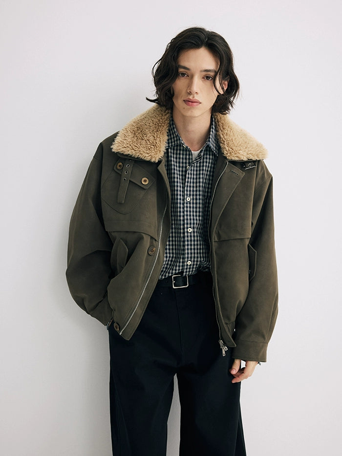 CARPEM Vintage Matte Fur Collar Padded Leather Jacket