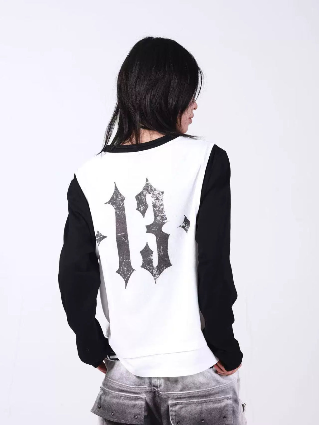 DETW Double Neckline Hem Contrasting Color Front Shoulder Long Sleeve