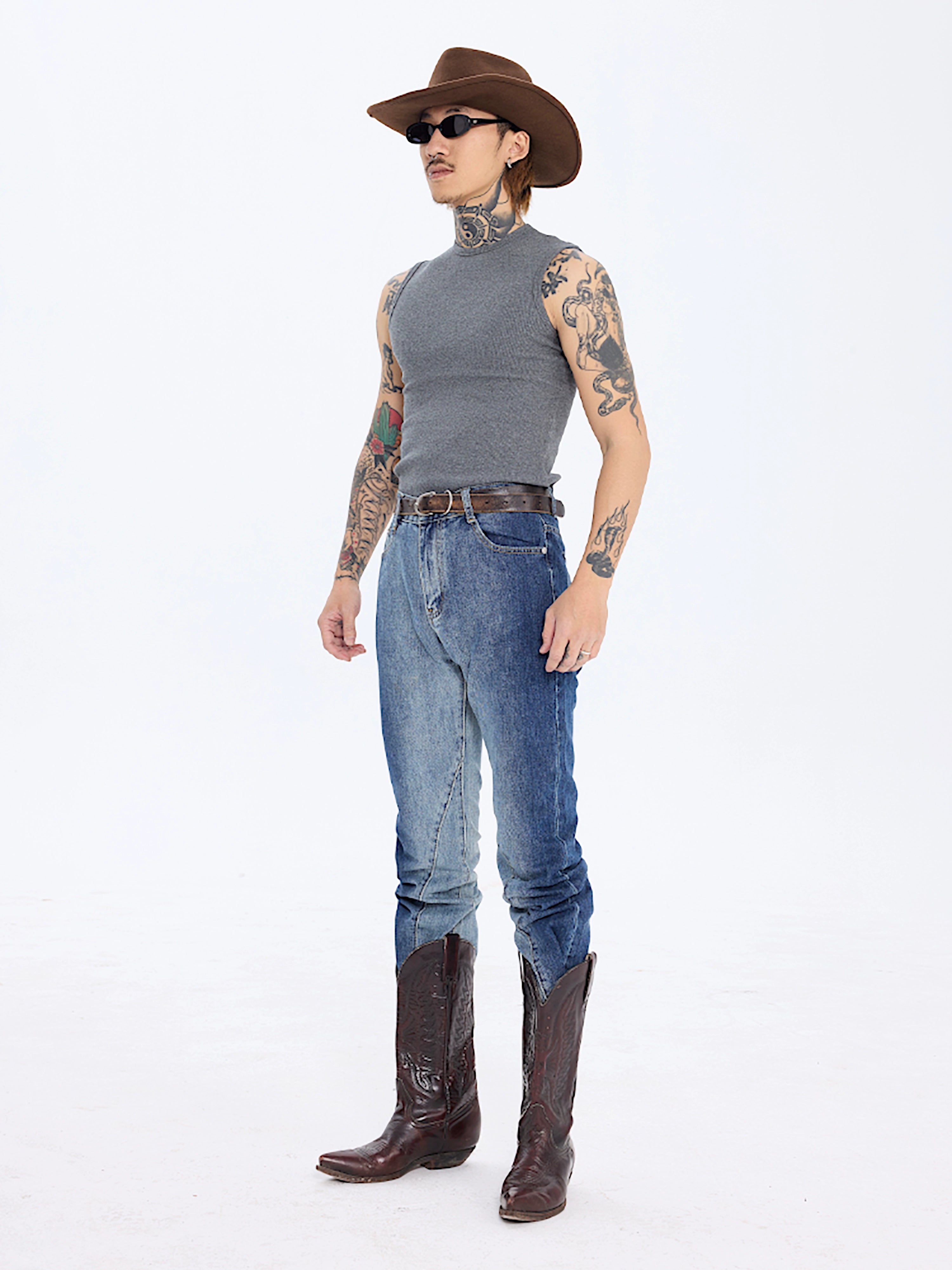 PUBLICRADIO Splicing Washed Heavy Denim Micro-flared Pants