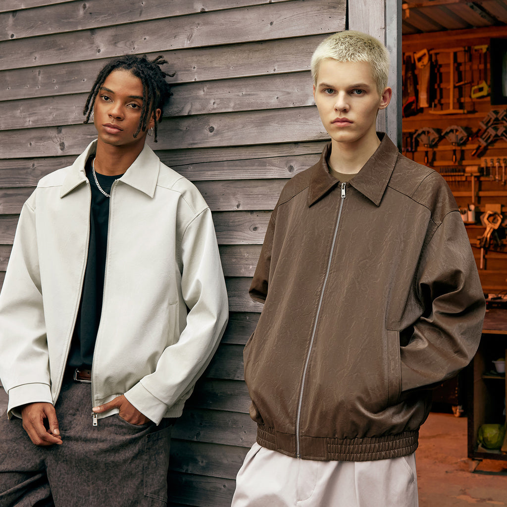 Inflation Vintage Wrinkled Leather Zip-up Jacket