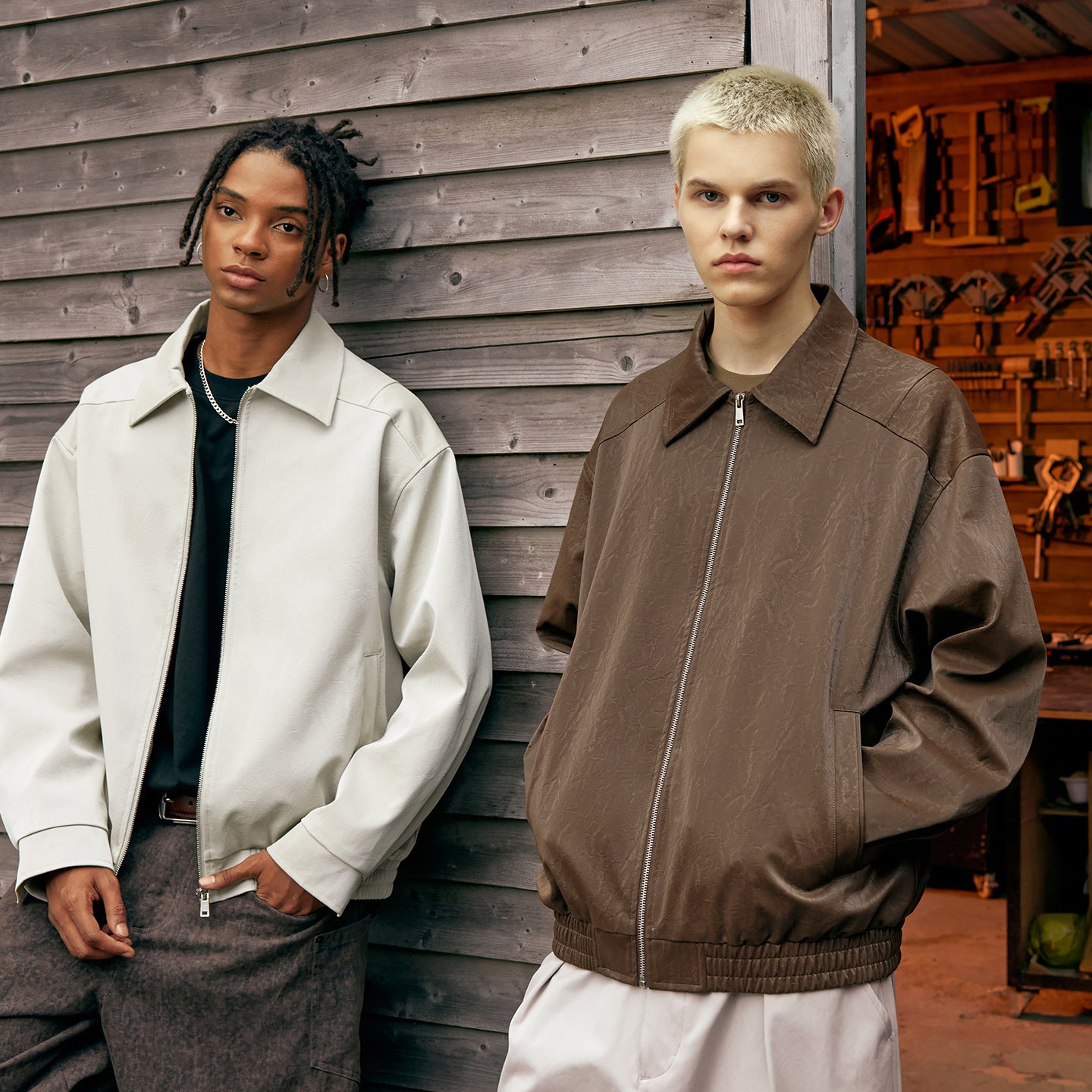 Inflation Vintage Wrinkled Leather Zip-up Jacket