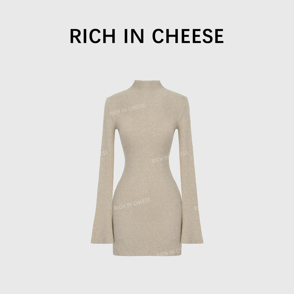 RICH IN CHEESE Waist Slim Knitted Long-sleeved Dress