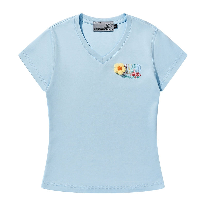 HACR Wool Small Flower Elastic Slim V-neck Tee