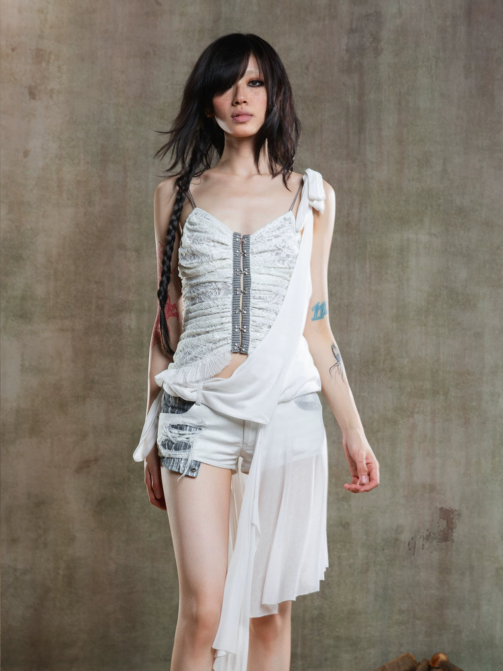 ARIADNAw Multi-pleated Backless Slim Lace Camisole