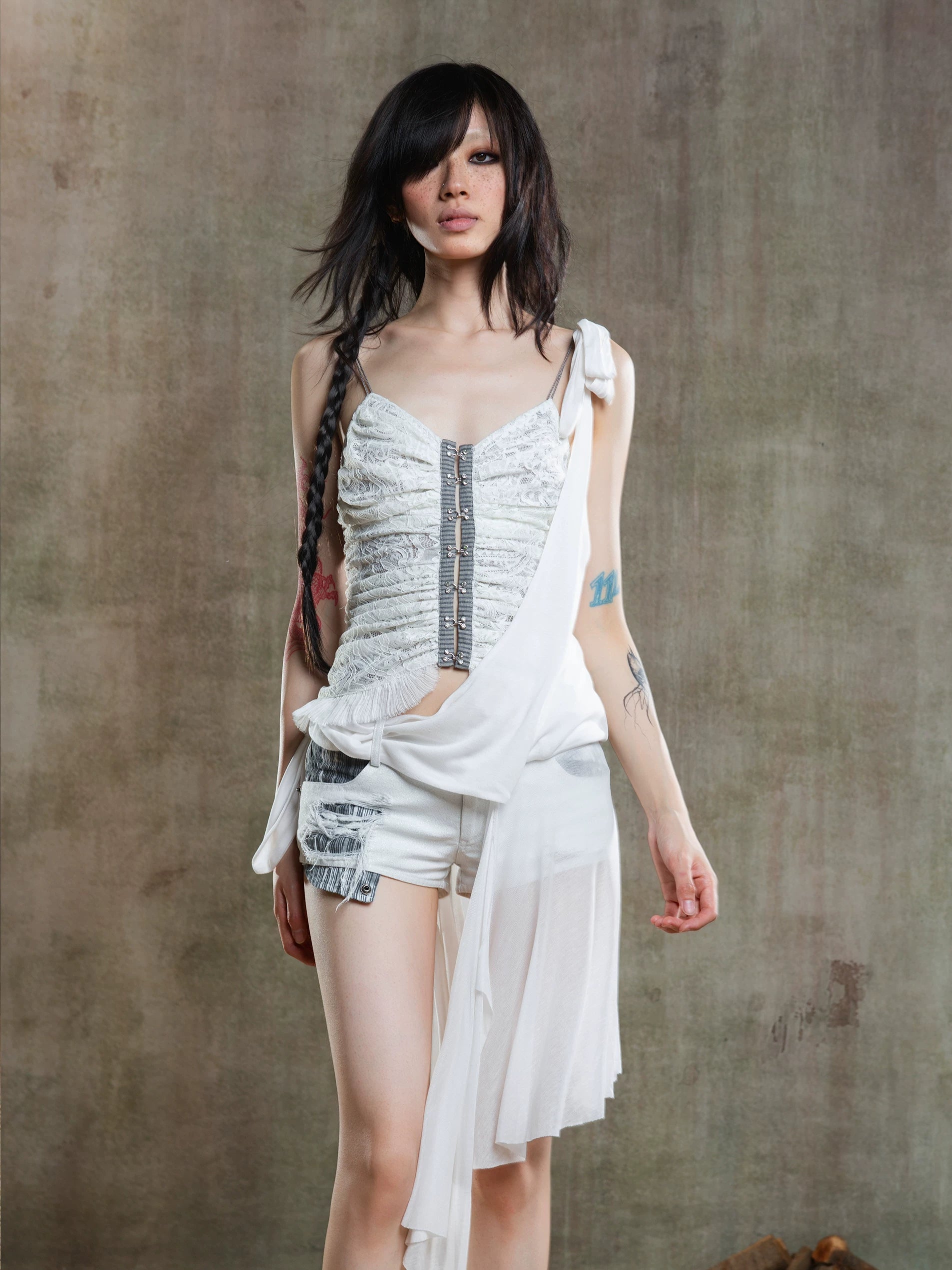 ARIADNAw Multi-pleated Backless Slim Lace Camisole