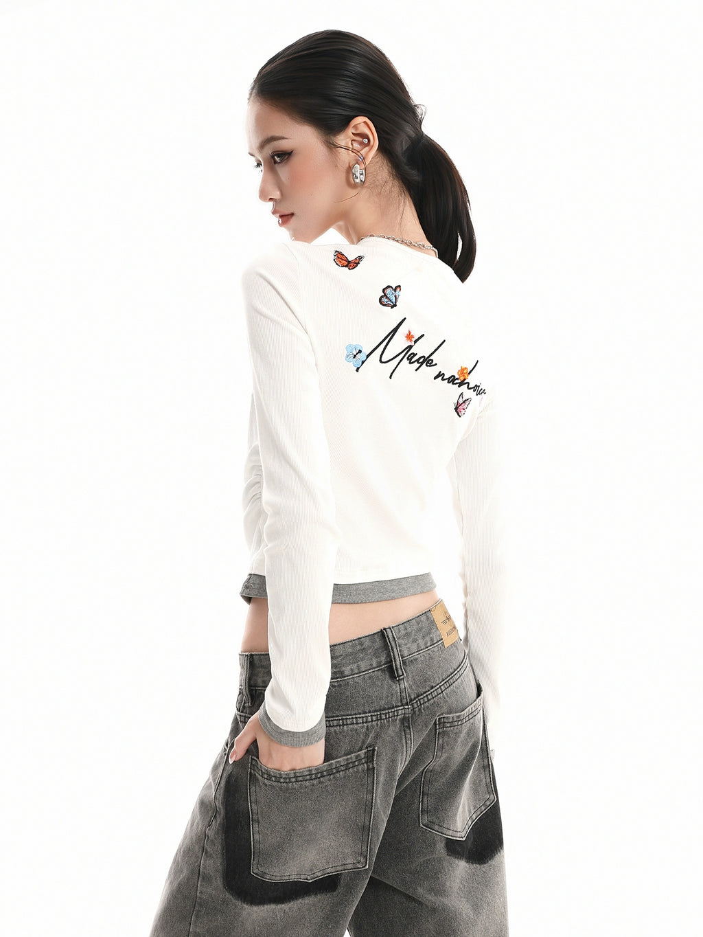 Kenvibe Vintage Alphabet Butterfly Embroidery Fake Two Piece Long Sleeve