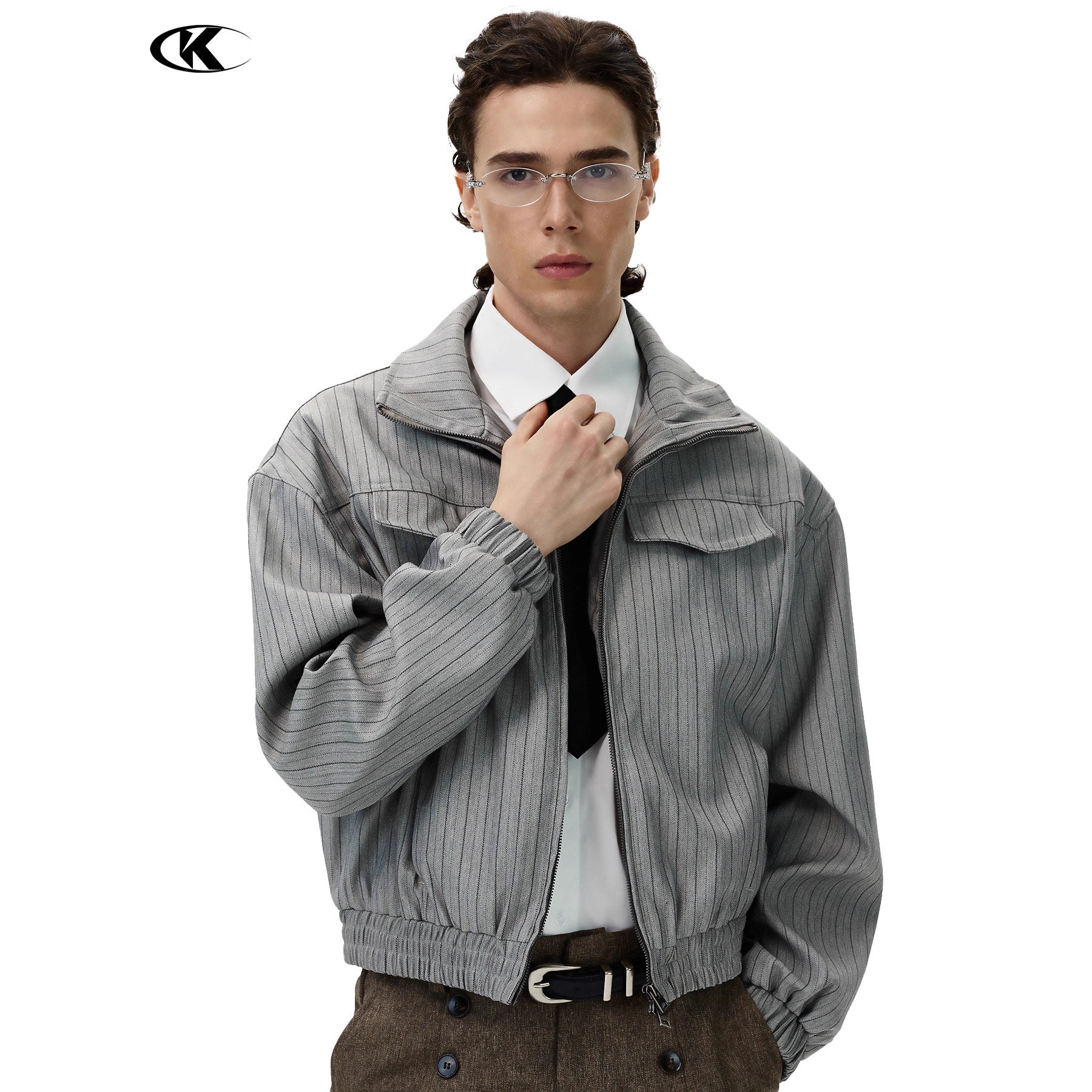 11KN Striped Casual Loose Stand-Up Neck Cardigan