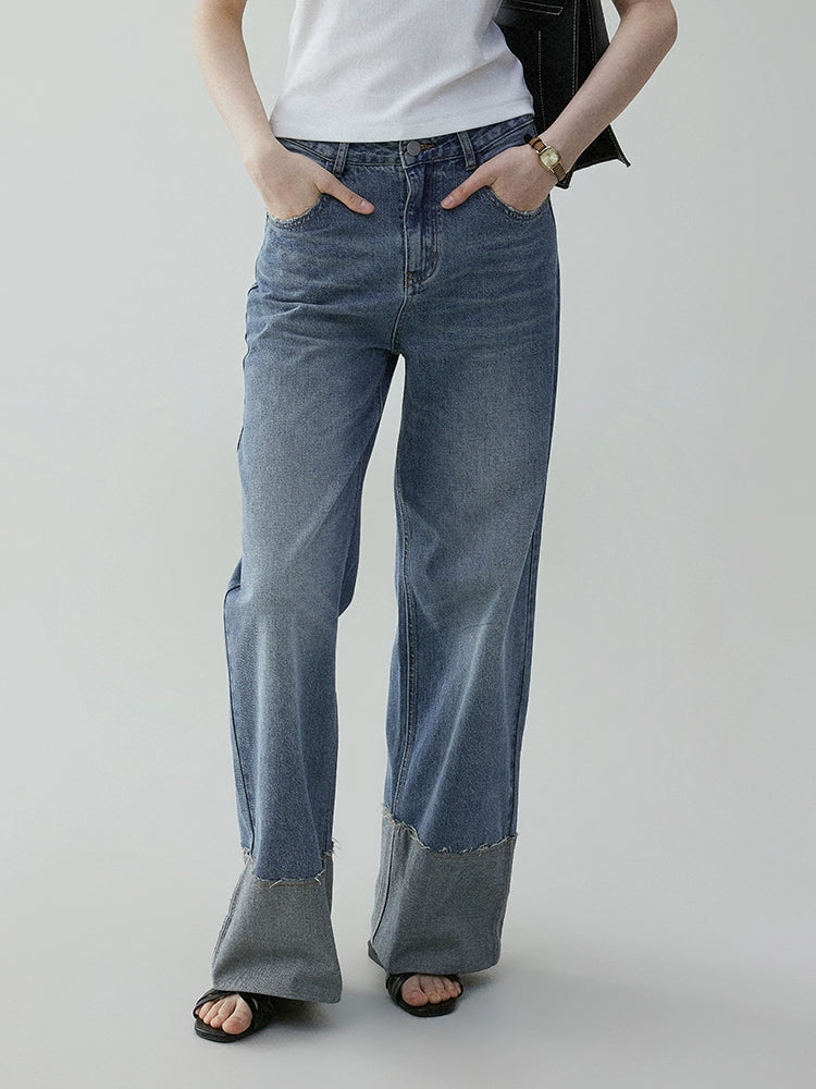 VOOE Korean Loose Fold-Over Curled Wide-Leg Jeans
